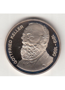 Svizzera. 5 FRANCHI Commemorativi 1990 Gottfried Keller Rame-nickel Proof